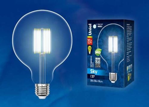 Лампа светодиодная филаментная Uniel SKY Globe (СКЫ Глобе) LED-G125-15W/3000K/E27/CL PLS02WH картон - фото 2