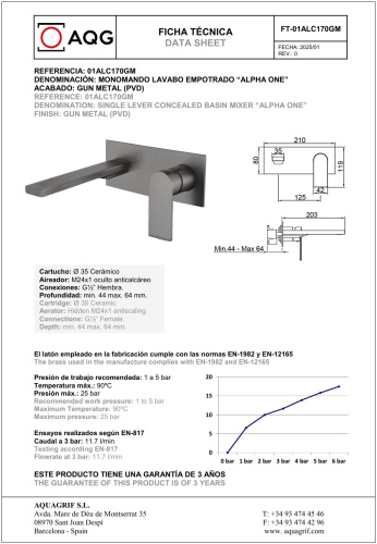 Смеситель AQG Alpha 01ALC170GM встраиваемый в стену оружейная сталь - фото 2