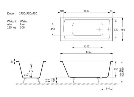 Ванна чугунная Vinsent Veron Devon VDV1757545 175х75 пристенная прямоугольная с ножками