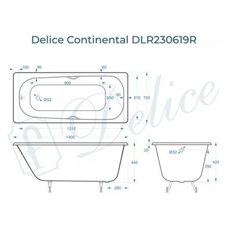 Ванна чугунная Delice Continental DLR230619R 140х70 пристенная прямоугольная без ножек с отверстиями под ручки