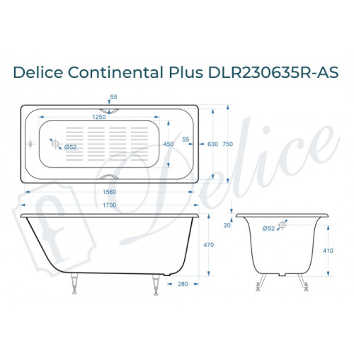 Ванна чугунная Delice Continental PLUS DLR230635R-AS 170х75 пристенная прямоугольная - фото 2