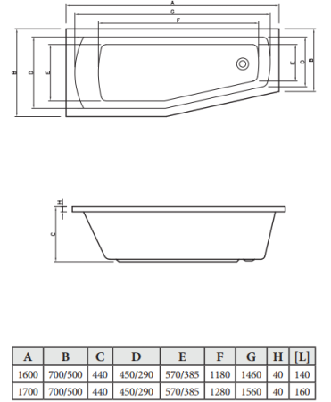 Ванна акриловая C-Bath CBA00402L 170х70 пристенная асимметричная