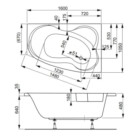 Ванна акриловая Vagnerplast Melite VPBA163MEL3LX-04 160х105 пристенная асимметричная без каркаса