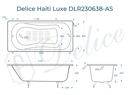 Ванна чугунная Delice Haiti Luxe DLR230638-AS 170х80 пристенная прямоугольная без ножек с антискользящим покрытием - фото 3