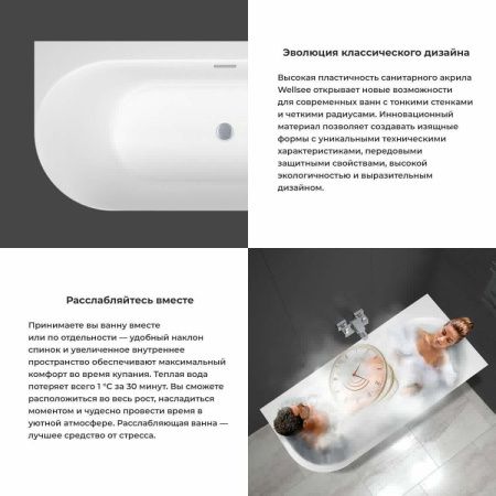 Ванна акриловая Wellsee Collaro 289106000 180х80 пристенная асимметричная с ножками