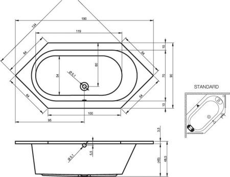 Ванна акриловая Riho KANSAS B035001005 190х90 пристенная асимметричная без ножек