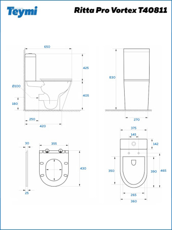 Унитаз напольный с бачком Teymi Ritta T40811 белый с сиденьем микролифт безободковый смыв торнадо