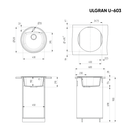 Кухонная мойка Ulgran Classic U-603-342 52х52 цвет графит