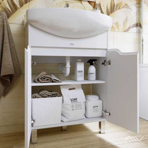Тумба с раковиной Alavann Crystal 65 ALV0952000 напольная белая с полками - фото 3