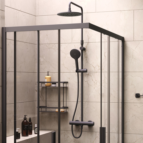 Комплект душевого уголка с душевой системой и аксессуарами Am.Pm Gem S WK93ER стекло прозрачное профиль черный матовый без поддона - фото 4