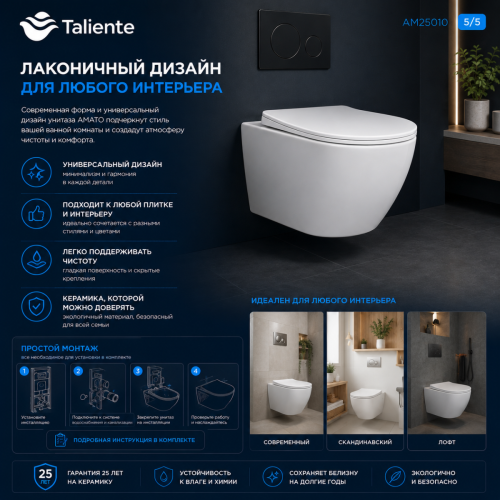 Унитаз подвесной Taliente Amato AM25010 белый с сиденьем микролифт безободковый душевой смыв - фото 5
