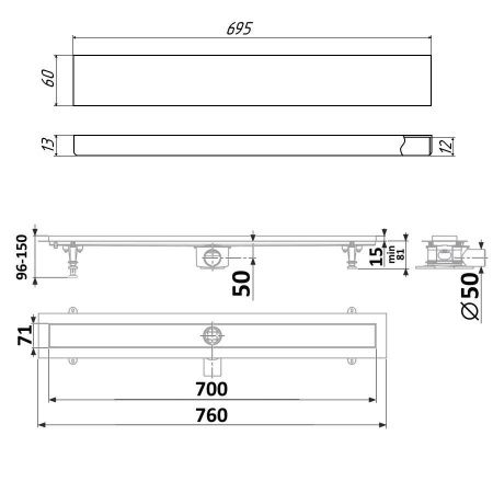 Душевой лоток Timo Standart DP20700-PG20700 75х15 хром