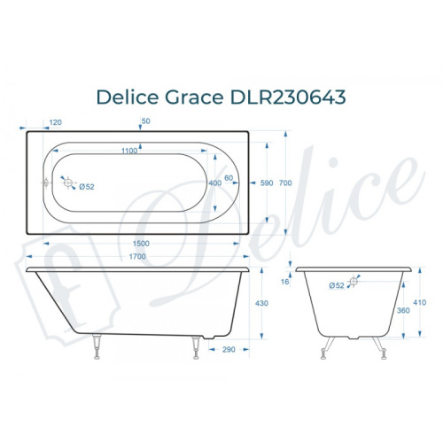 Ванна чугунная Delice Grace DLR230643 170х70 пристенная прямоугольная - фото 2
