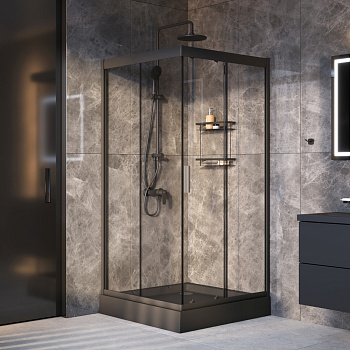 Комплект душевого уголка с душевой системой и аксессуарами Am.Pm Gem WK90EO стекло прозрачное профиль черный матовый без поддона