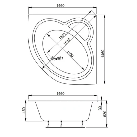 Ванна акриловая Vagnerplast Catalina VPBA146CTL3X-04 150х145 угловая четверть круга без каркаса