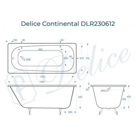 Ванна чугунная Delice Continental DLR230612 150х70 пристенная прямоугольная без ножек