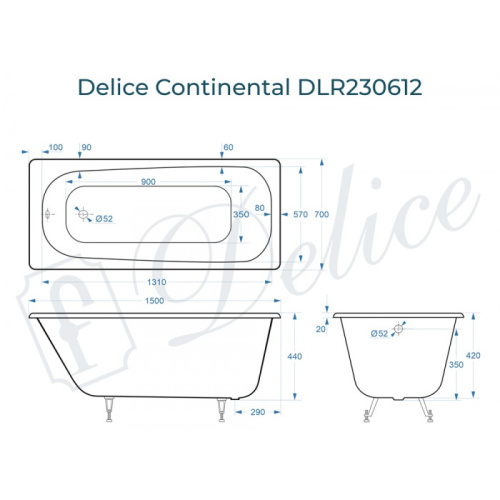 Ванна чугунная Delice Continental DLR230612 150х70 пристенная прямоугольная - фото 2