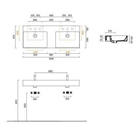 Раковина керамическая Catalano Premium 221220001 120 см подвесная цвет белый без отверстий под смеситель