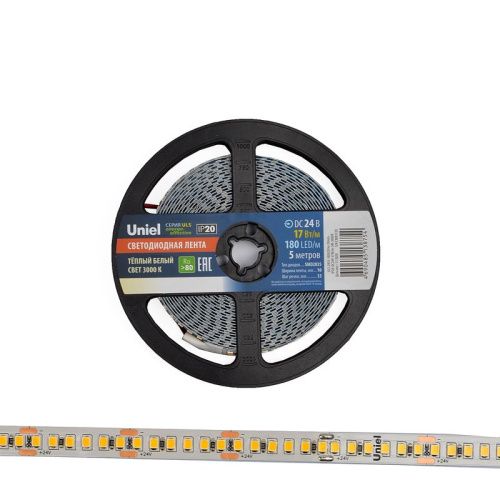 Светодиодная лента Uniel ULS-2835 ULS-2835-180LED/m-10mm-IP20-DC24V-17W/m-5M-3000K катушка в герметичной упаковке - фото 3