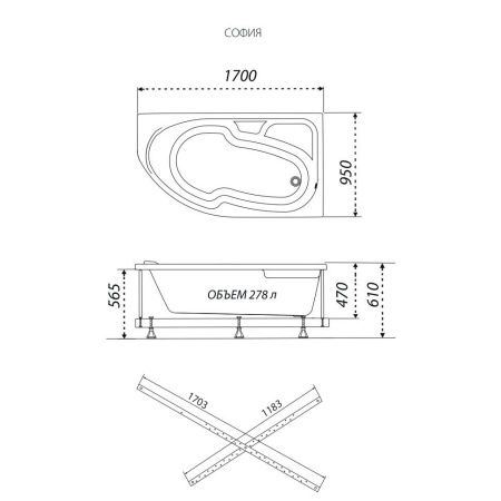Ванна акриловая Тритон София Щ0000046120 170х95 пристенная асимметричная без каркаса