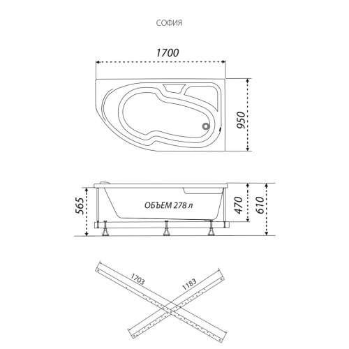 Ванна акриловая Тритон София Щ0000046120 170х95 пристенная ассиметричная без каркаса - фото 3 Ванна акриловая Тритон София Щ0000046120 170х95 пристенная ассиметричная без каркаса - фото 3