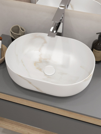 Раковина из сантехнического фарфора Teymi Solli T50386 49х35 накладная цвет белый мрамор без отверстий под смеситель