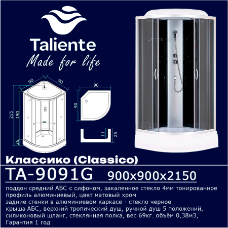 Душевая кабина Taliente TA-9091G 90х90 четверть круга с крышей ориентация универсальная