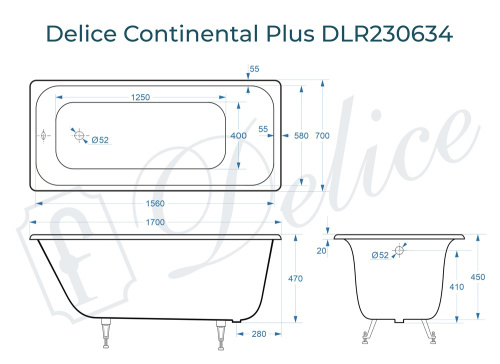 Ванна чугунная Delice Continental PLUS DLR230634 170х70 пристенная прямоугольная без ножек - фото 3