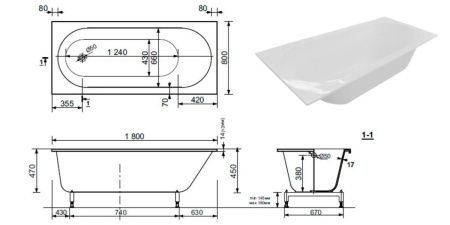 Ванна из литьевго мрамора Taliente Orta Stretto OR18080Stretto 180х80 пристенная прямоугольная без ножек и каркаса