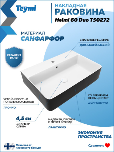 Раковина из сантехнического фарфора Teymi Helmi T50272 61х42 накладная цвет черный/белый - фото 2