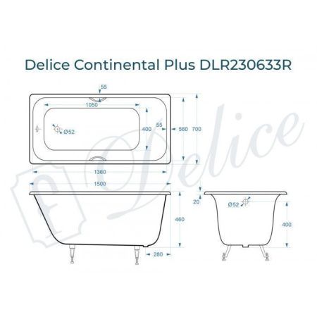 Ванна чугунная Delice Continental PLUS DLR230633R 150х70 пристенная прямоугольная без ножек с отверстиями под ручки