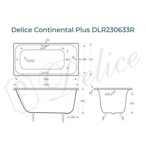 Ванна чугунная Delice Continental PLUS DLR230633R 150х70 пристенная прямоугольная - фото 2