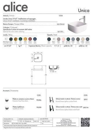 Раковина керамическая Alice Unica 32170101 40х40 накладная цвет белый