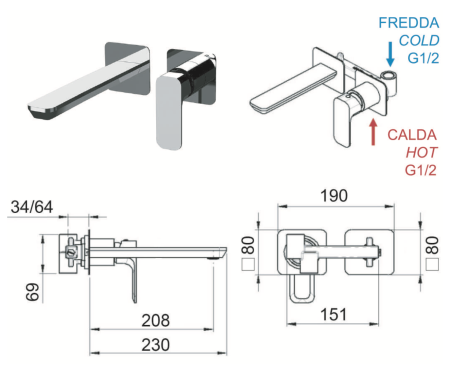 Смеситель для раковины Daniel Tiara TA632PLDP встраиваемый в стену брашированное золото