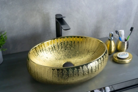 Раковина керамическая Gid Lago 52234 50х30 накладная цвет золото без отверстий под смеситель