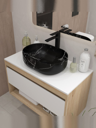 Раковина из сантехнического фарфора Teymi Solli T50387 49х35 накладная цвет черный мрамор без отверстий под смеситель