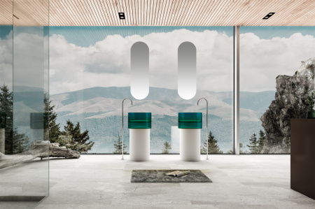 Раковина из полиэфирной смолы Abber KRISTALL AT2701White-Aquamarin-H 45х45 напольная цвет белый/бирюзовый без отверстий под смеситель