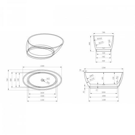 Ванна акриловая Frank 125632 150х80 отдельностоящая овальная с каркасом