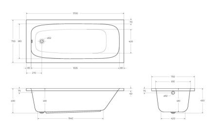 Ванна акриловая Cezares ECO ECO-170-75-41-W37 170х75 пристенная прямоугольная без ножек и каркаса