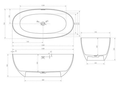 Ванна из искусственного камня Abber Stein AS9624-1.5 150х70 отдельностоящая овальная с ножками