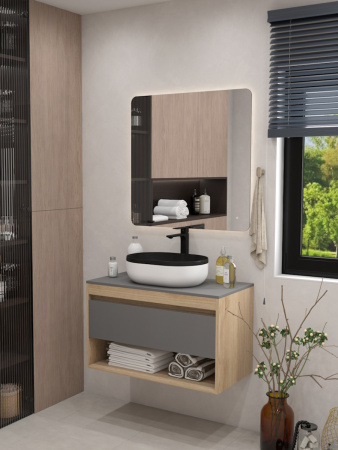 Раковина из сантехнического фарфора Teymi Solli T50388 49х35 накладная цвет черный/белый без отверстий под смеситель