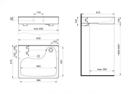 Раковина из сантехнического фарфора Santek Клио 1WH501770 52х60 над стиральной машиной цвет белый 1 отверстие под смеситель