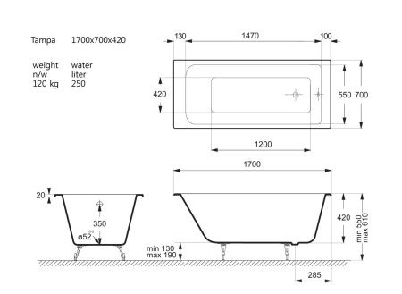 Ванна чугунная Vinsent Veron Tampa VTP1707042 170х70 пристенная прямоугольная с ножками
