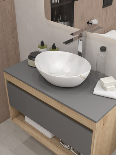 Раковина из сантехнического фарфора Teymi Lori T50482 41х33 накладная цвет белый мрамор без отверстий под смеситель - фото 4