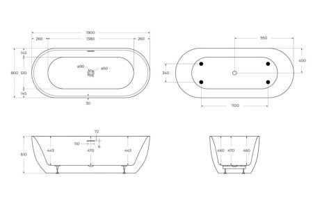 Ванна акриловая BelBagno BB417-1900-800 190х80 отдельностоящая овальная с ножками
