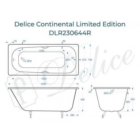 Ванна чугунная Delice Continental Limited Edition DLR230644R 165х70 пристенная прямоугольная без ножек с отверстиями под ручки