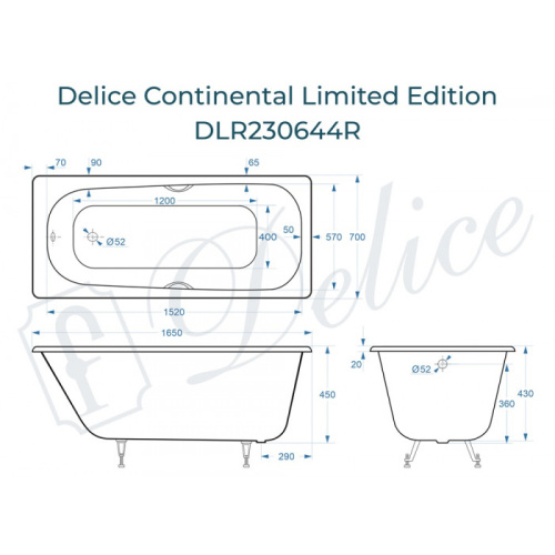 Ванна чугунная Delice Continental Limited Edition DLR230644R 165х70 пристенная прямоугольная - фото 2