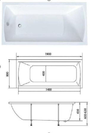 Ванна акриловая 1MarKa MODERN 01мод1980 190х80 пристенная прямоугольная без каркаса
