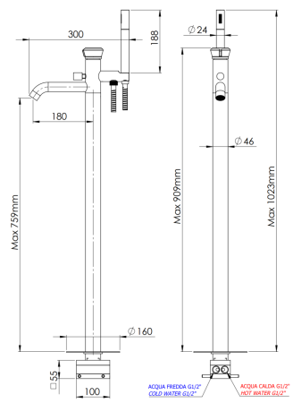 Смеситель для ванны Remer Element ET08XV напольный нержавеющая сталь