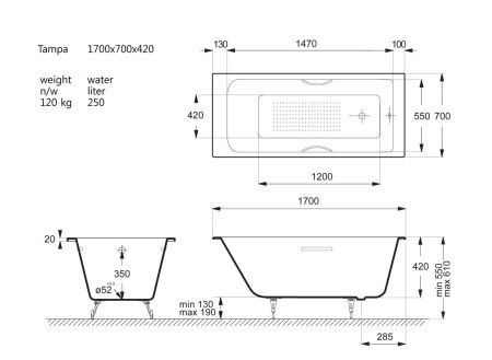 Ванна чугунная Vinsent Veron Tampa VTP1707042H/E60327CH-AS 170х70 пристенная прямоугольная с ножками с ручками